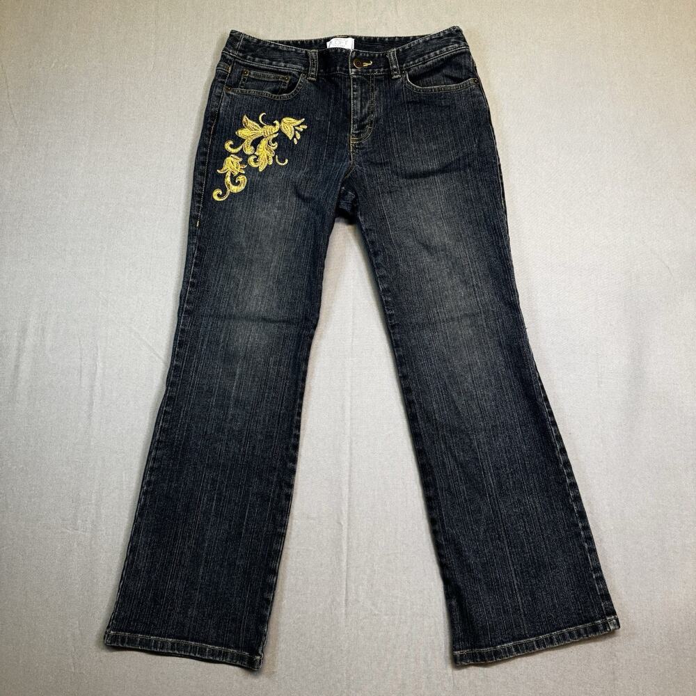 Ann Taylor LOFT Petites Jeans 6P Bootcut Dark Wash Stretch Denim Gold Embroidery